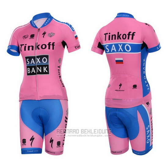 2015 Fahrradbekleidung Frau Saxo Bank  Fuchsie Trikot Kurzarm und Tragerhose